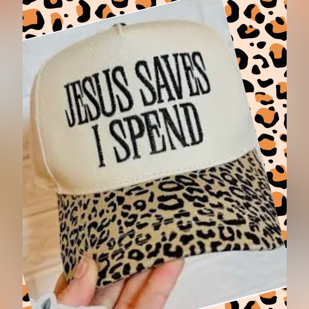 New! Jesus Saves I Spend Embroidered Cheetah Leopard. Trucker Hat Cool Cats